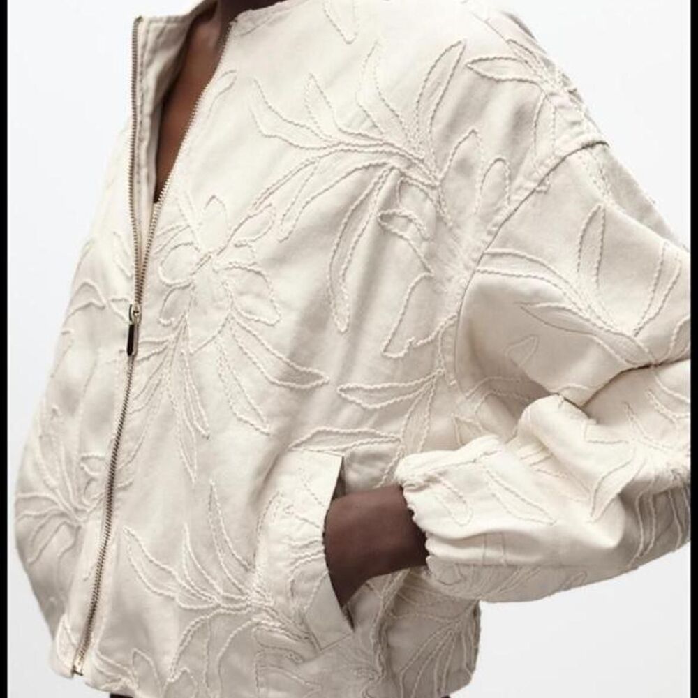 Zara Tonal Embroidered Bomber Jacket – Cream – Size XS